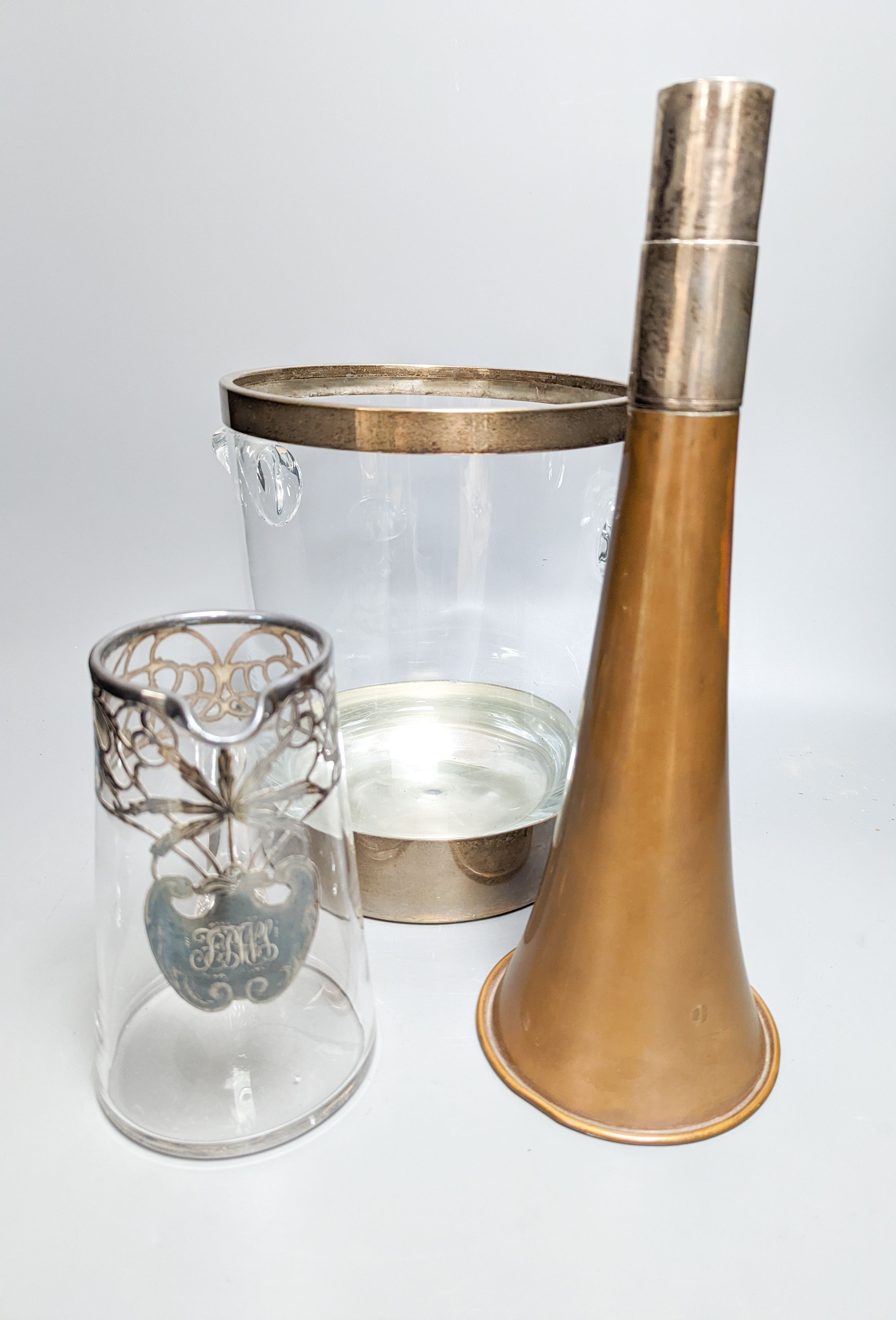 A copper plated silver base by Charles and Richard Comyns, London 1924, a large silver-mounted wine cooler and a glass jug